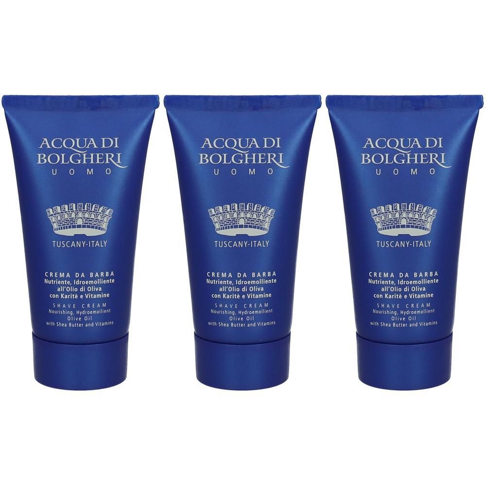 Tre tubetti blu di crema da barba ACQUA DI BOLGHERI Uomo con stemma e testo.