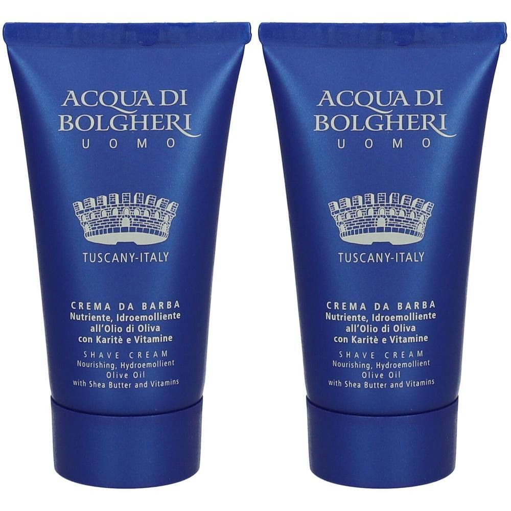 Due tubetti blu di Crema da Barba ACQUA DI BOLGHERI Uomo con scritte e stemma argentati. Prodotto in Toscana, Italia.