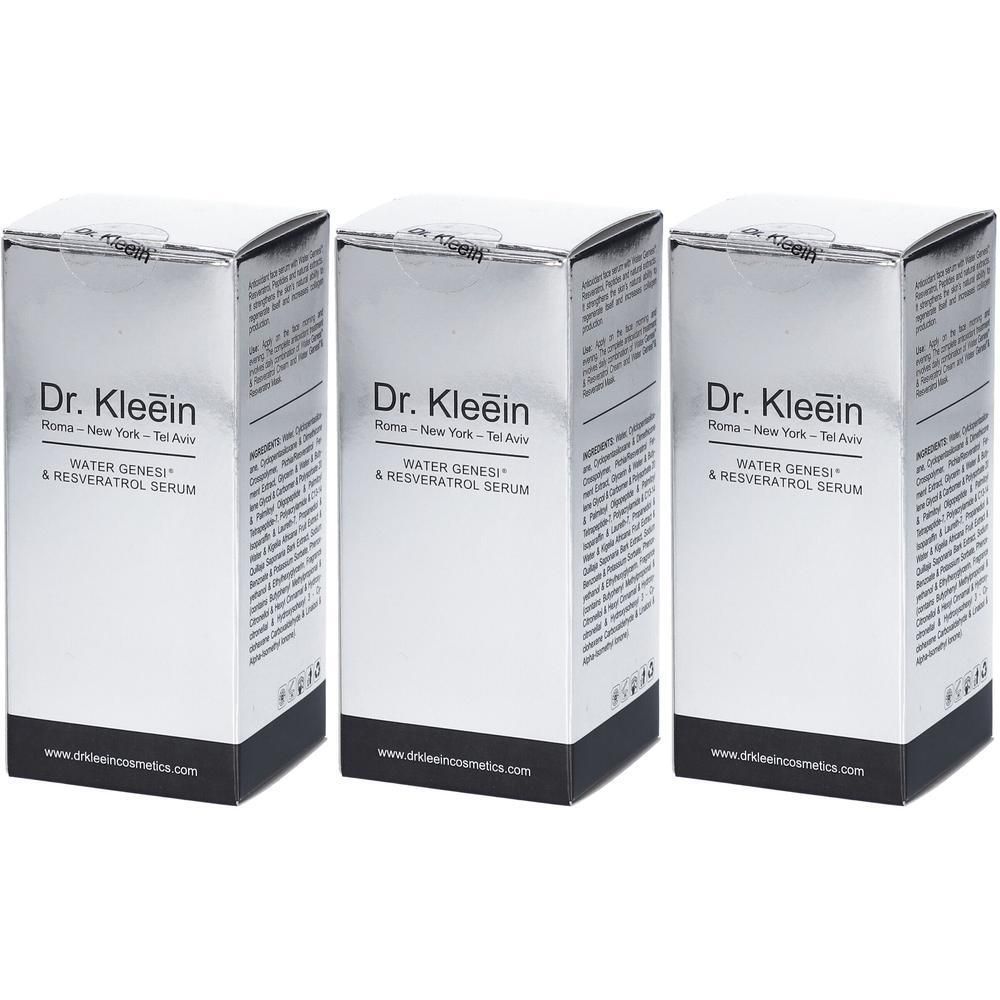 Tre scatole argentate con la scritta Dr. Kleein WATER GENESI® & RESVERATOL SERUM.