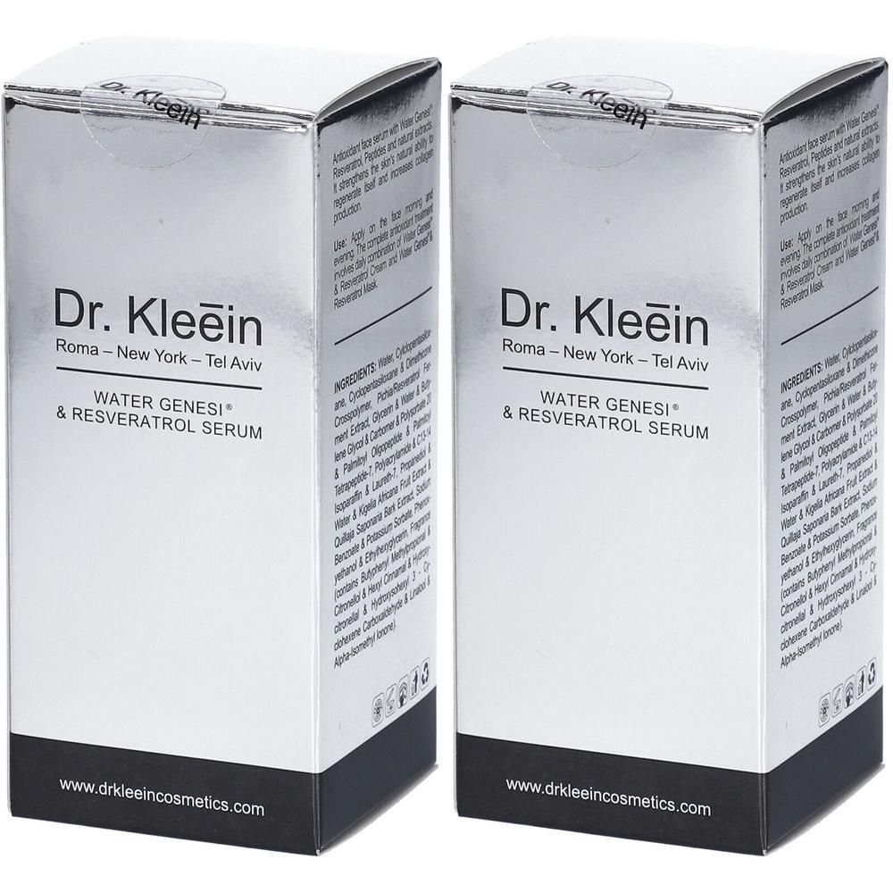 Due scatole di Dr. Kleein WATER GENESI® & RESVERATOL SERUM. Confezione argentata con scritte nere.