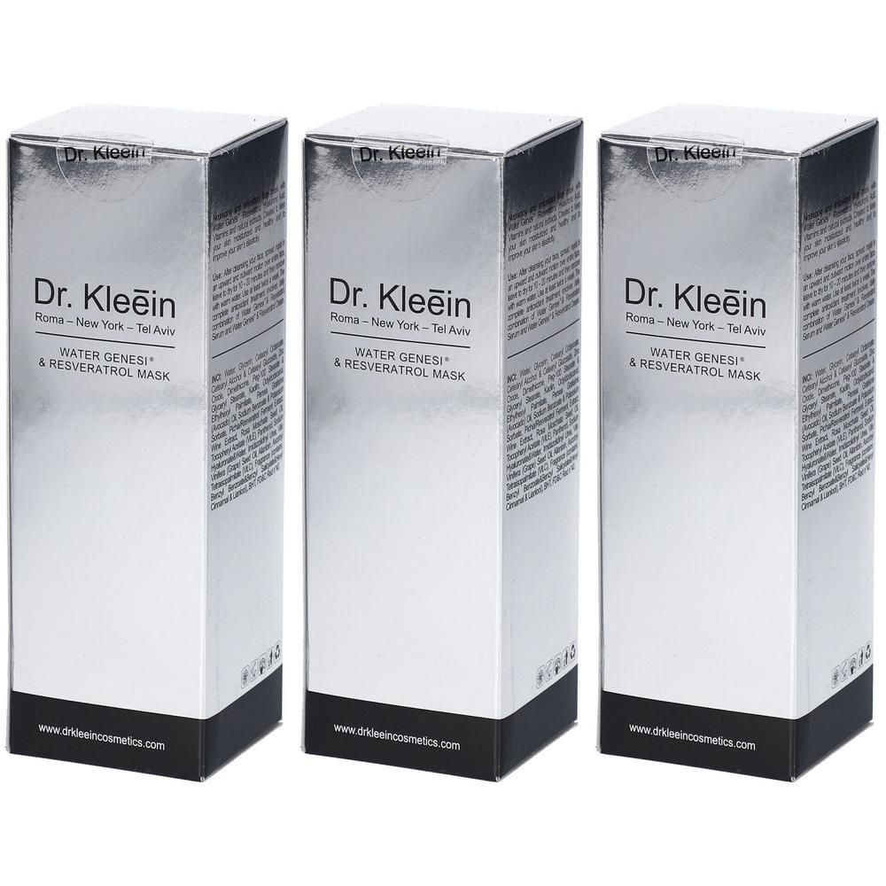 Tre scatole cosmetiche Dr. Kleein WATER GENESI® & RESVERATOL MASK, color argento.