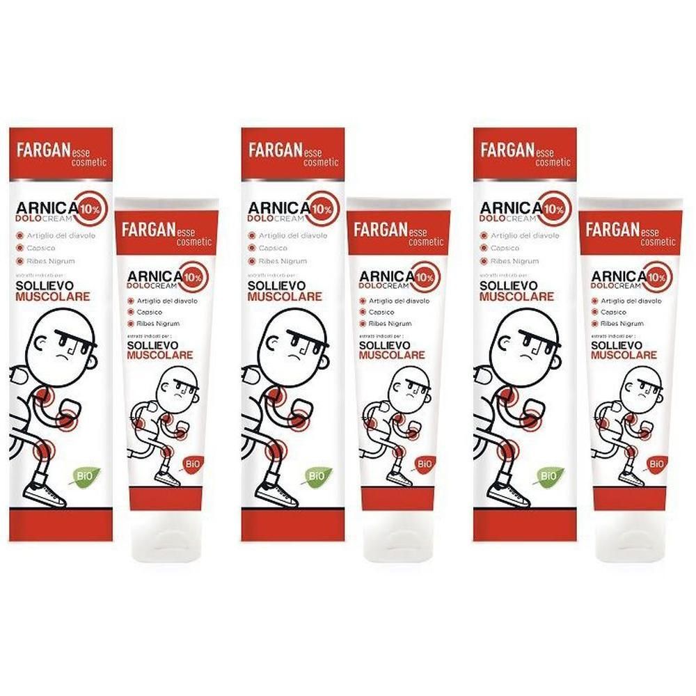 Cinque tubi di crema Fargan Arnica 10% Sollevo Muscolare con illustrazione schematica di un corpo dolente.