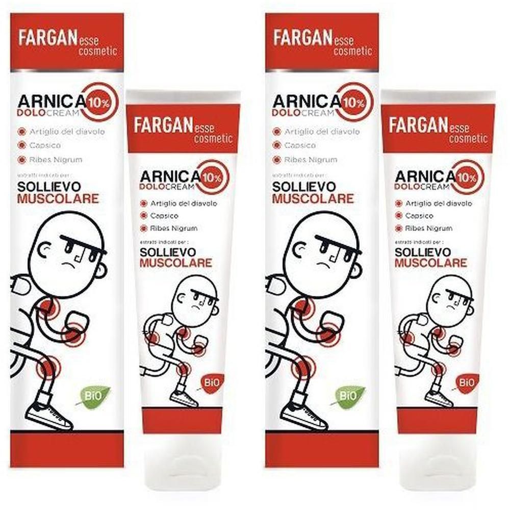 Quattro tubetti di Fargan Dolocream Arnica 10% con illustrazioni di articolazioni dolenti e sigillo "BIO".