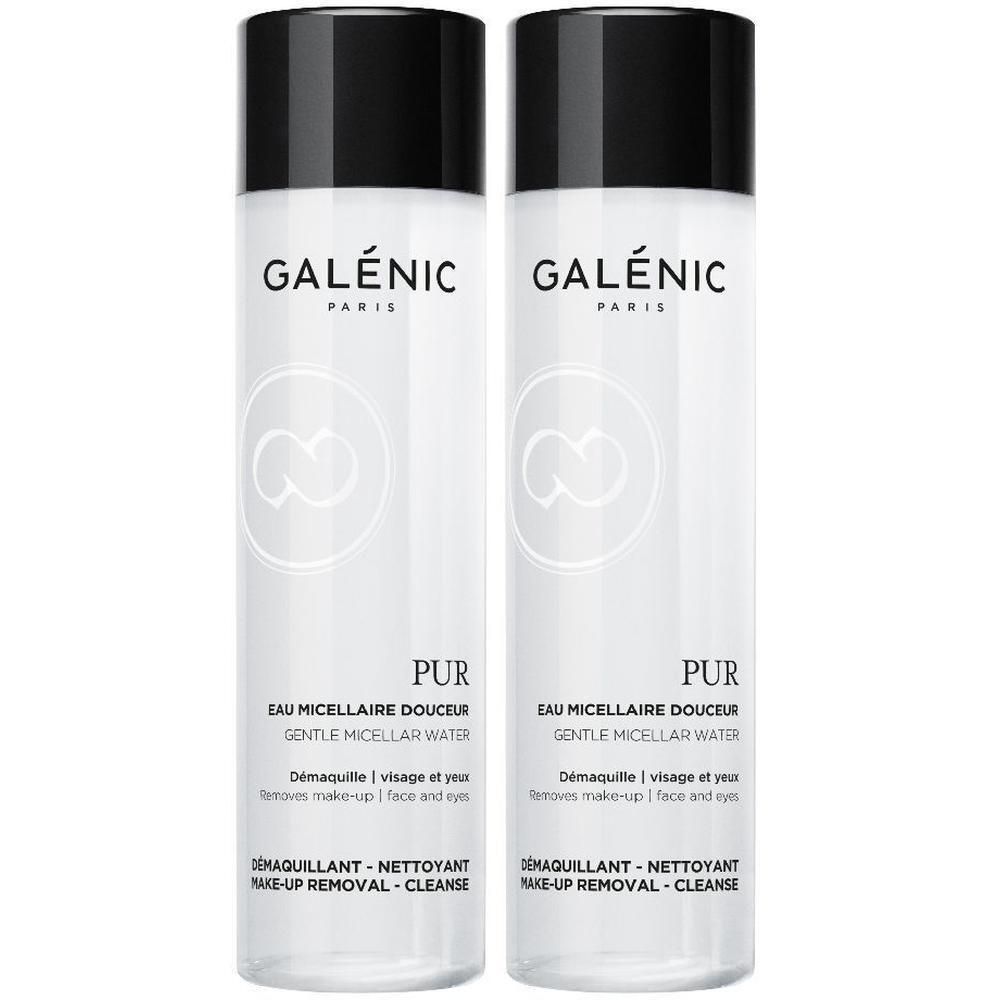 Due flaconi GALÉNIC di acqua micellare. Tappo nero, flacone bianco con scritte nere.