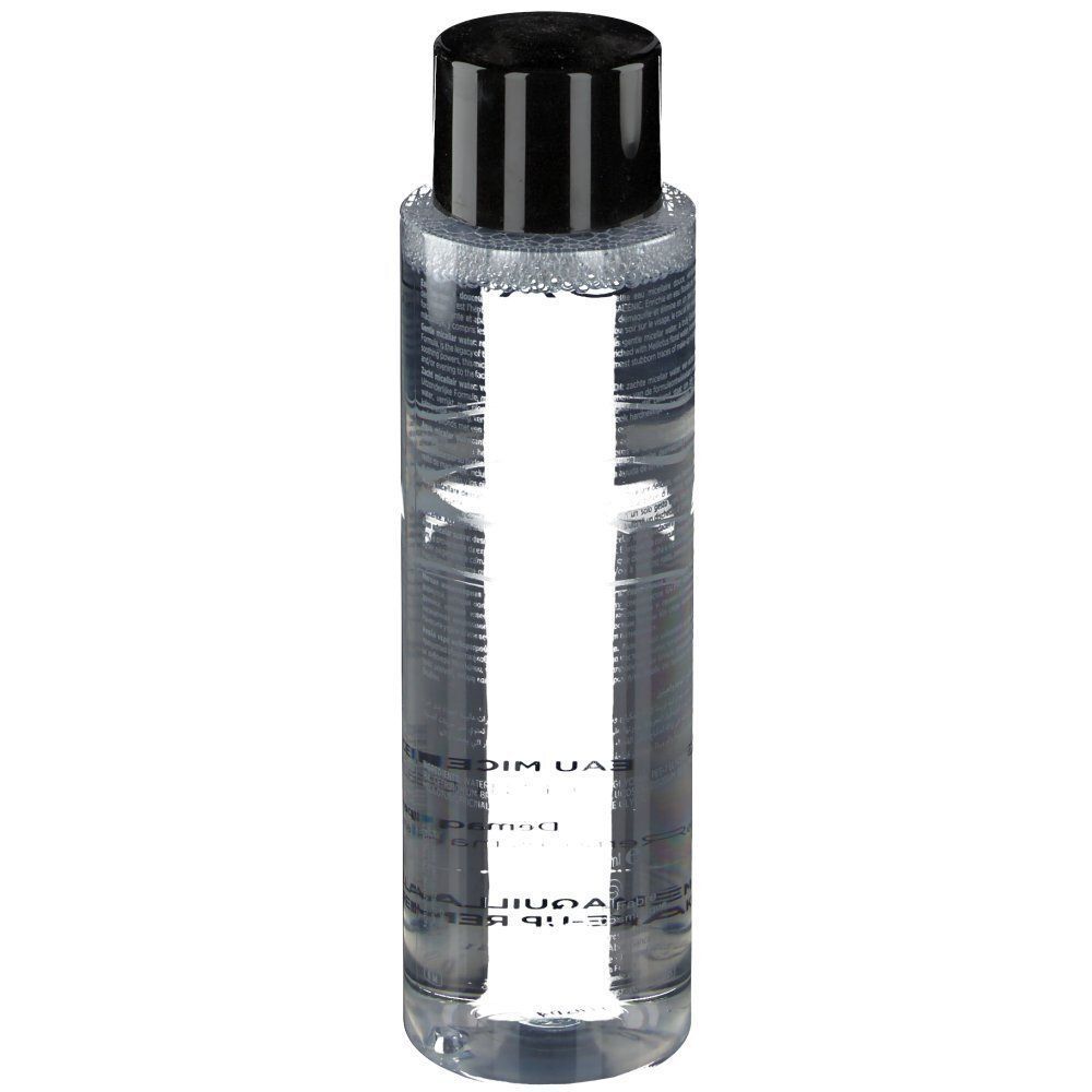 Flacone GALÉNIC di acqua micellare. Tappo nero, flacone trasparente con etichetta bianca.