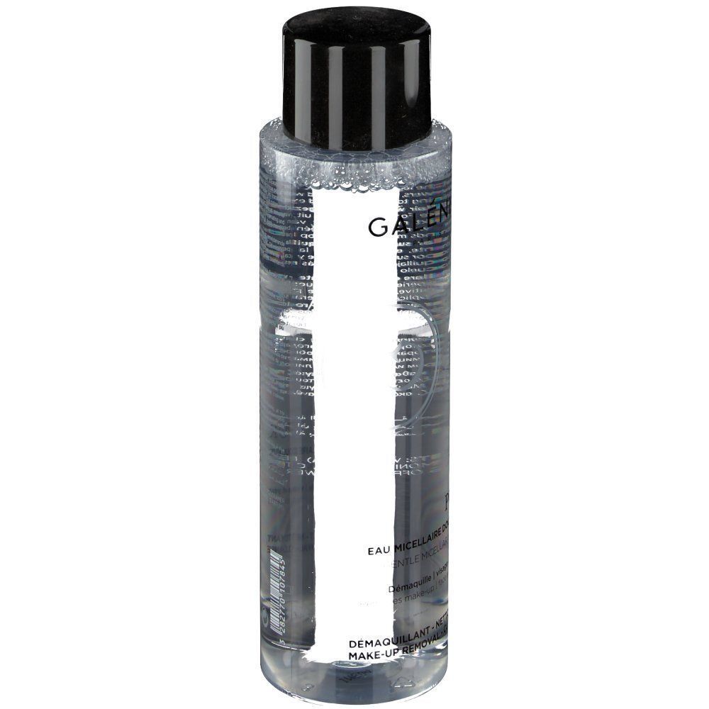 Flacone GALÉNIC di acqua micellare. Tappo nero, flacone trasparente con etichetta bianca.