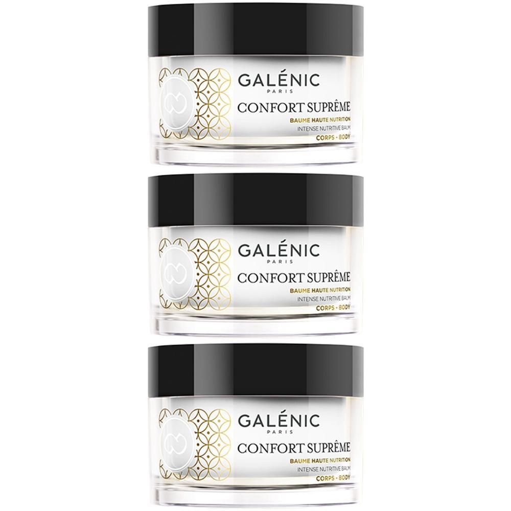 Tre vasetti di crema GALÉNIC Confort Supreme con coperchio nero ed etichetta bianca con motivo dorato.