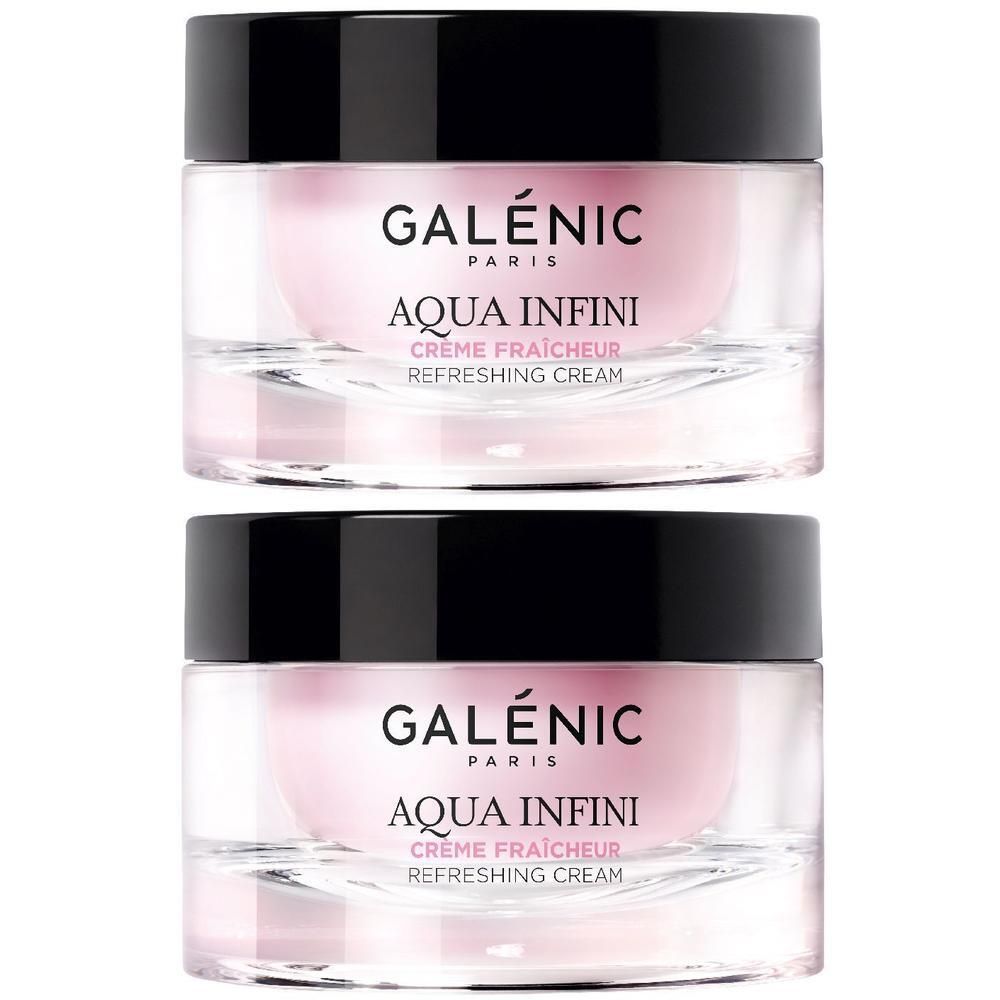 Due vasetti di crema rinfrescante Galénic Aqua Infini, contenuto rosa, tappi neri.