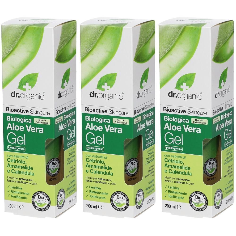 Tre confezioni di Dr. Organic Aloe Vera Gel con cetriolo, amamelide e calendula. Certificato biologico.