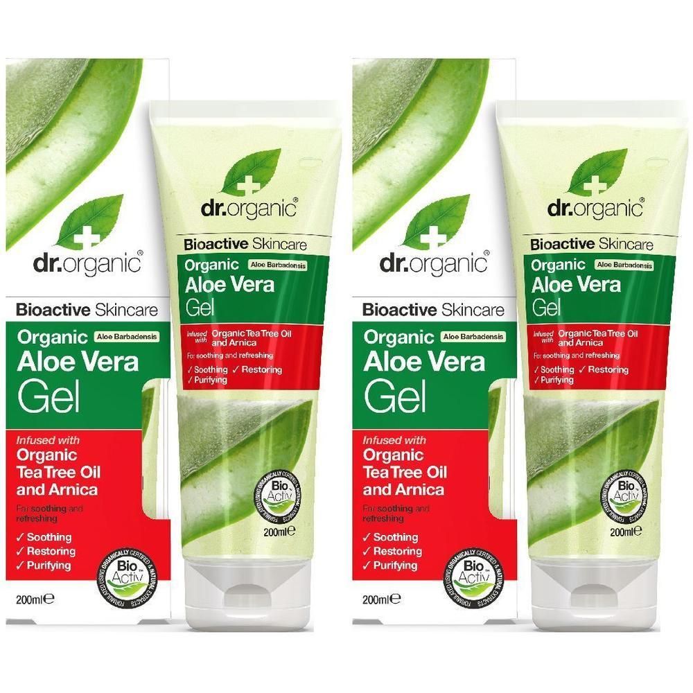 Due tubi di Gel di Aloe Vera Dr. Organic con Tea Tree Oil e Arnica, 200ml.