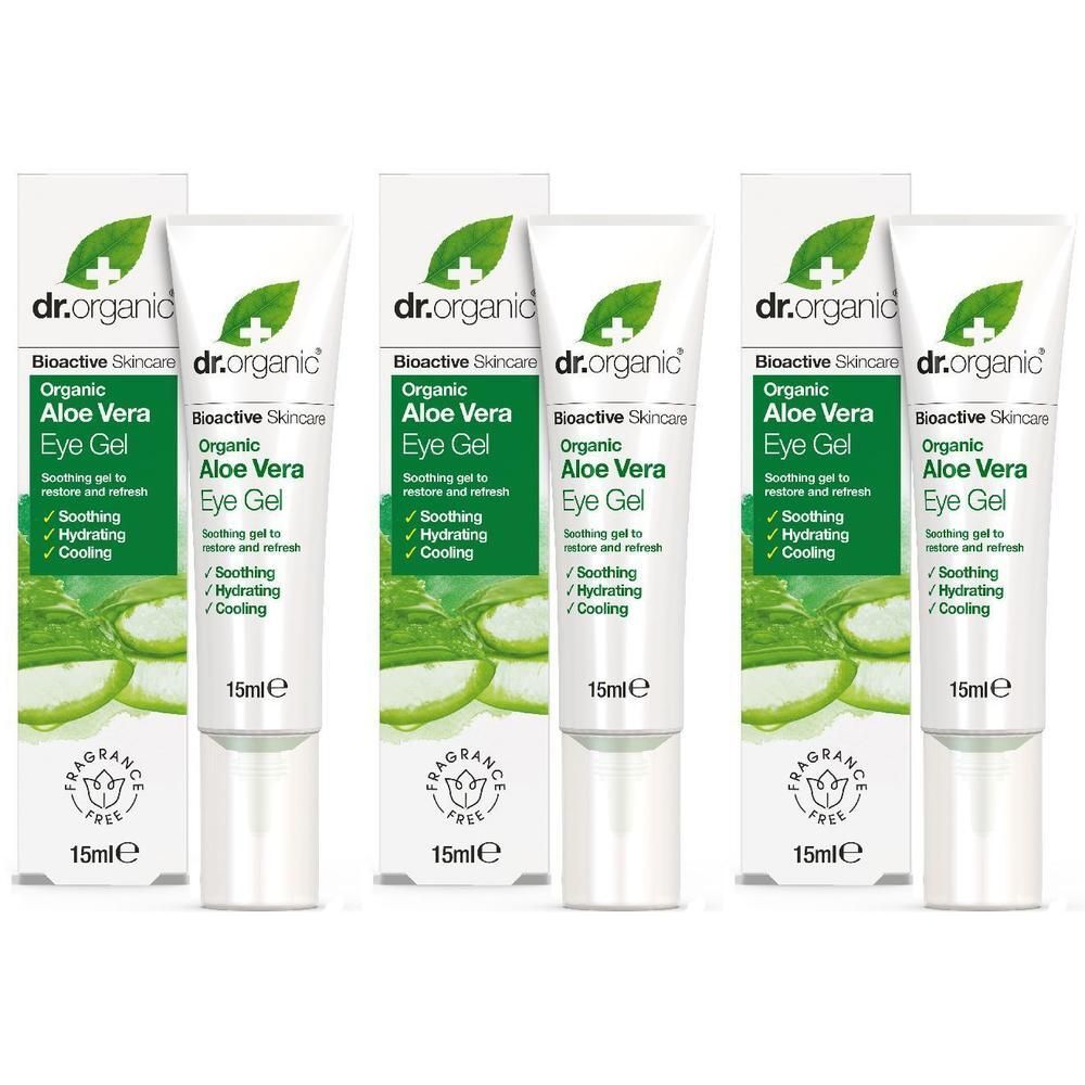 Tre confezioni di Gel Occhi Aloe Vera Bio Dr. Organic, 15ml ciascuna. Gel lenitivo, idratante e rinfrescante.
