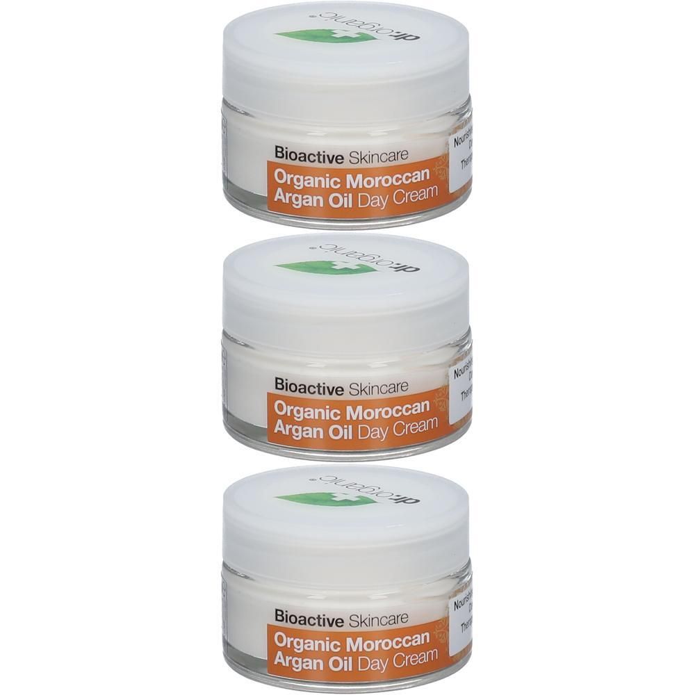 Tre barattoli di crema giorno all'olio di argan biologico Bioactive Skincare.