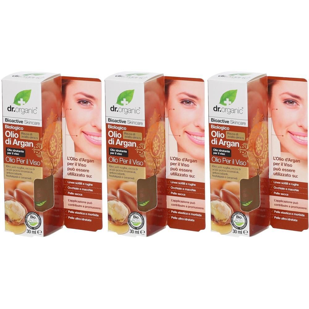 Tre confezioni di Olio di Argan Dr. Organic per il viso, 30ml.