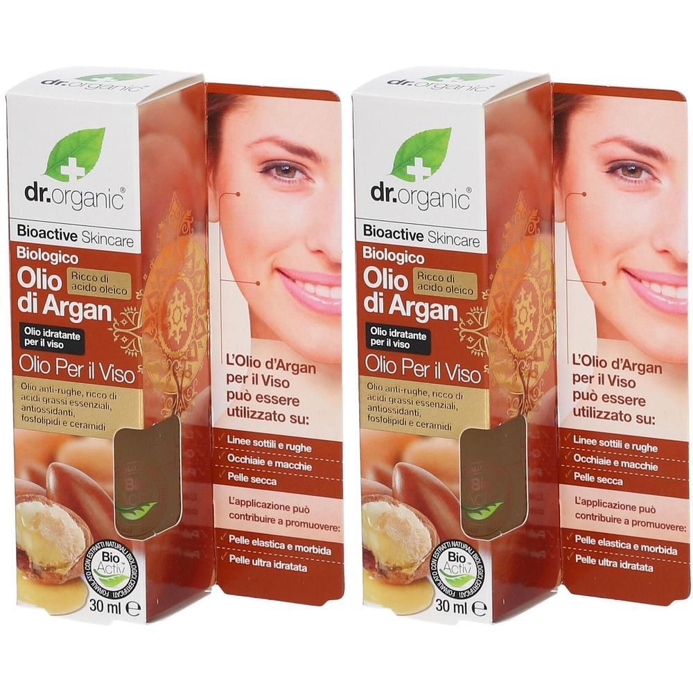 Due confezioni di Olio di Argan Dr. Organic per il viso, 30 ml.