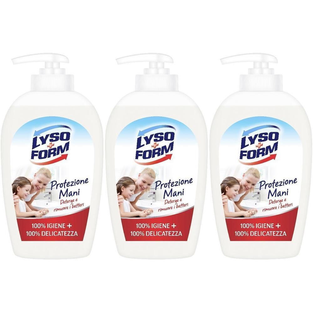 Tre flaconi con pompa bianchi, etichetta Lysoform Protezione Mani.