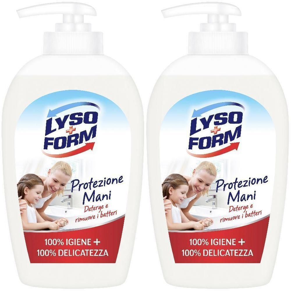 Due flaconi con pompa bianchi di Lysoform Protezione Mani. L'etichetta mostra madre e figlia al lavandino.