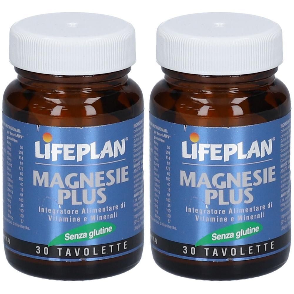 Due flaconi di LIFEPLAN Magnesie Plus, 30 tavolette per flacone, senza glutine.
