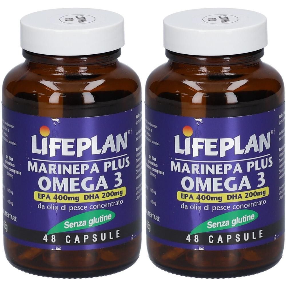 Due flaconi di LIFEPLAN Marinepa Plus Omega 3, 48 capsule per flacone, senza glutine.