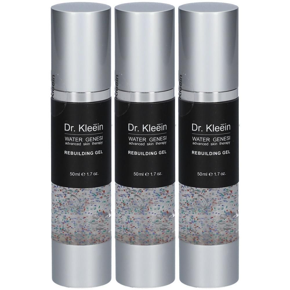 Tre flaconi di Dr. Kleein REBUILDING GEL con erogatori argentati ed etichetta nera.