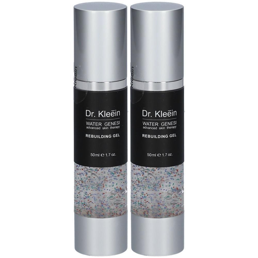 Due flaconi di Dr. Kleein REBUILDING GEL con tappi argentati ed etichette nere.