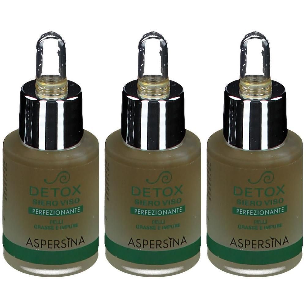Tre flaconi in vetro con contagocce, contenenti siero. Etichette indicano 'Detox Siero Viso Perfezionante Aspersina'.