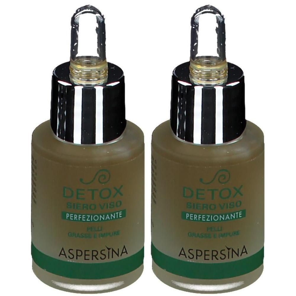 Due flaconcini con contagocce, contenenti siero. Etichetta con 'DETOX Siero Viso Perfezionante ASPERSINA'.