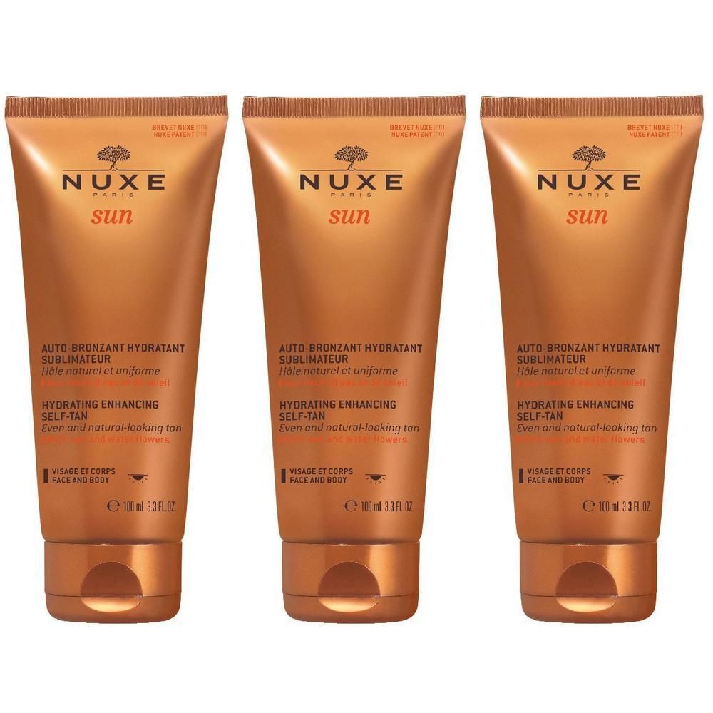 Tre tubi Nuxe Sun Autoabbronzante Idratante per viso e corpo.