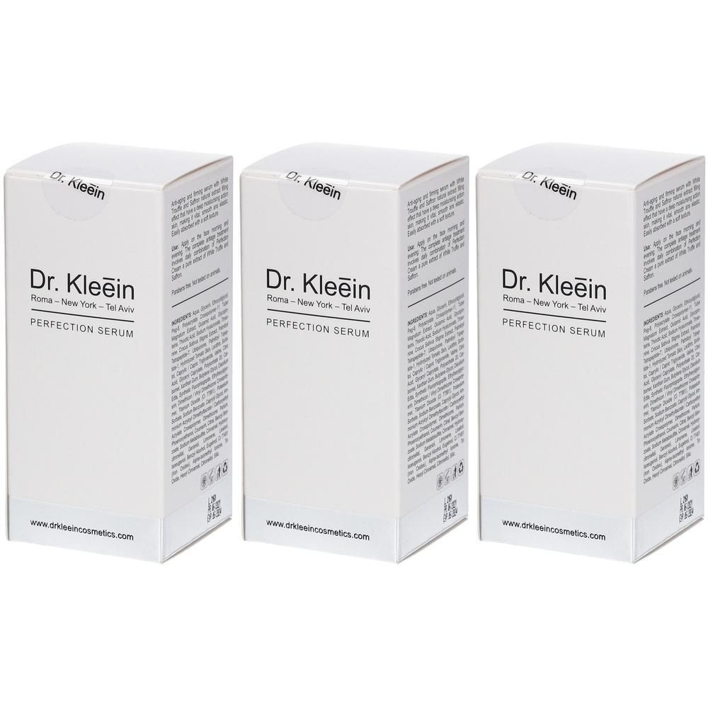 Tre scatole bianche per Dr. Kleein PERFECTION SERUM con informazioni sul prodotto e sito web.