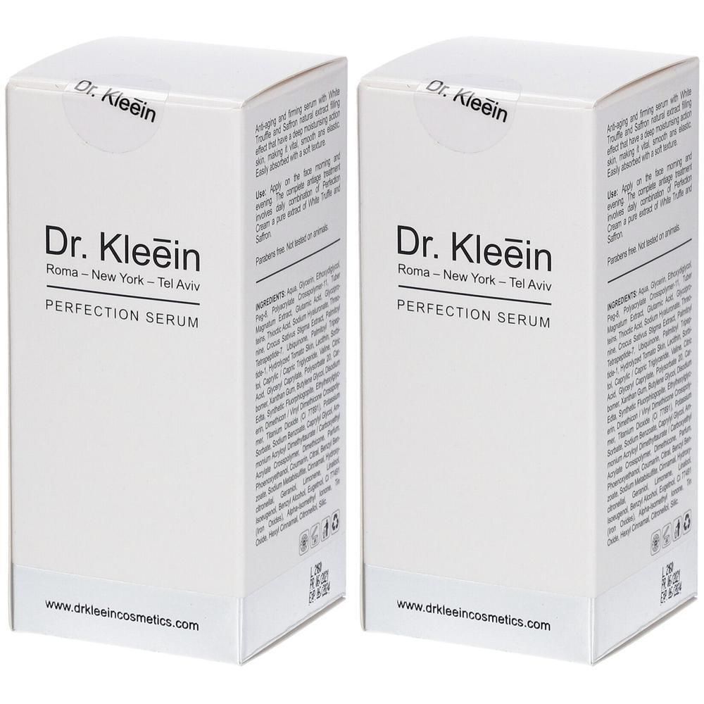 Due scatole di Dr. Kleein PERFECTION SERUM, confezione bianca con testo nero.