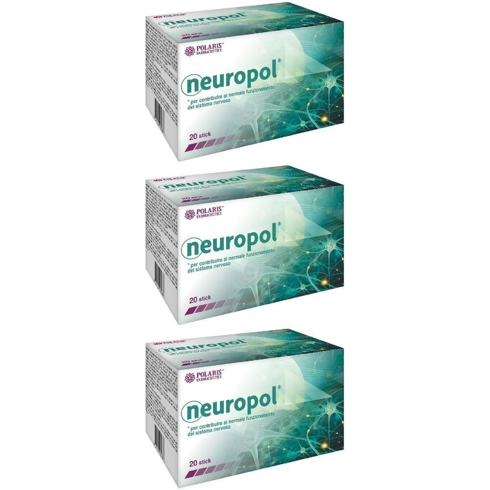 Tre scatole di Neuropol, ciascuna con 20 stick. La confezione mostra una rete neuronale.