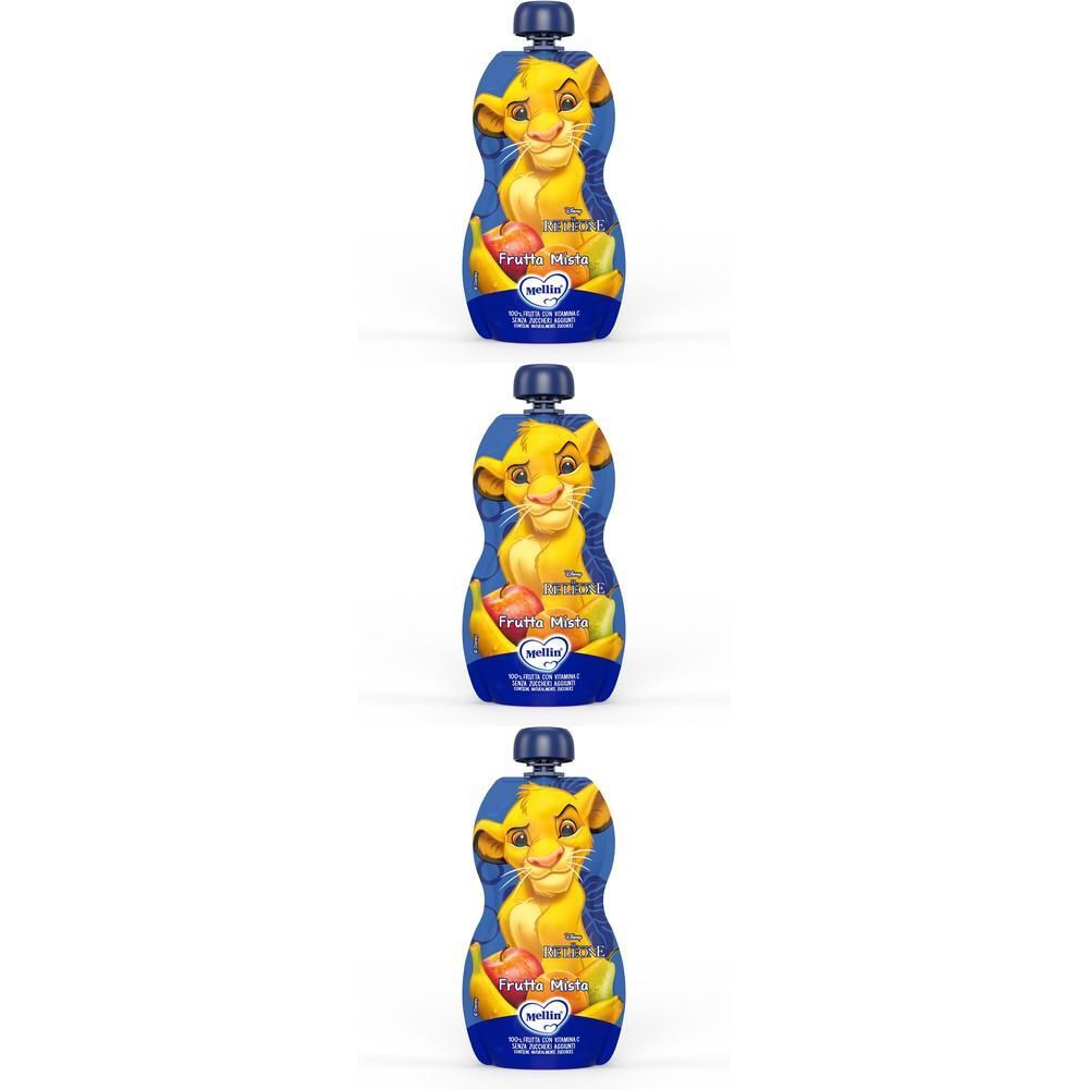 Tre sacchetti di purea di frutta con motivo Simba.