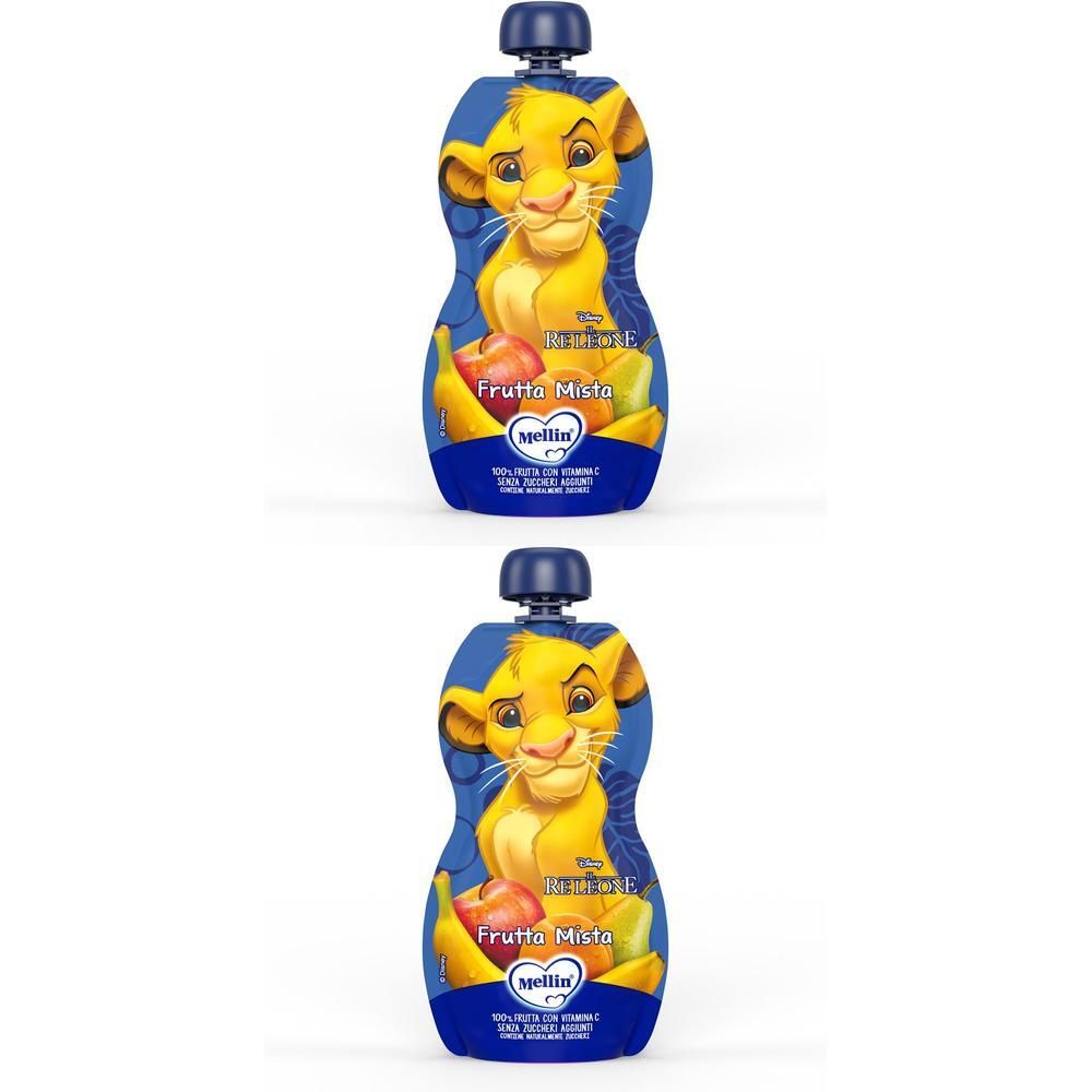 Due sacchetti di purea di frutta con Simba. Scritta "Frutta Mista".