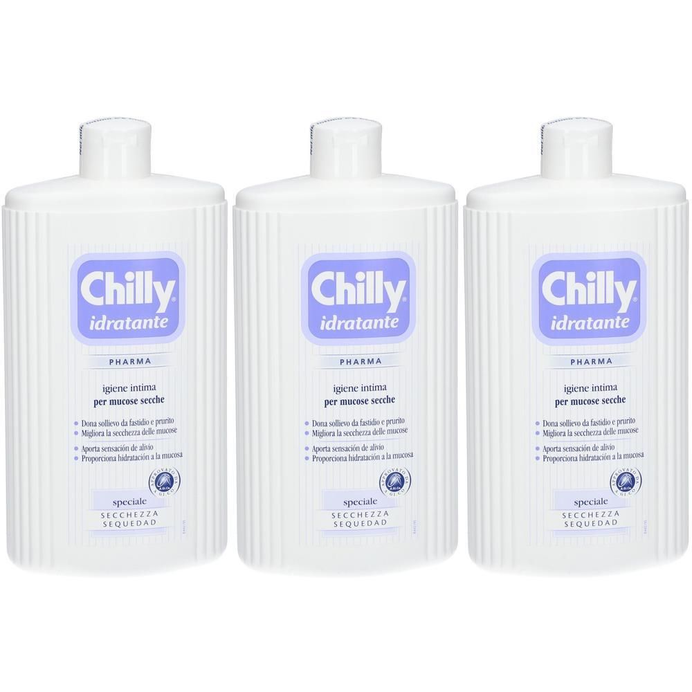 Tre flaconi bianchi Chilly Pharma Idratante con etichette blu.