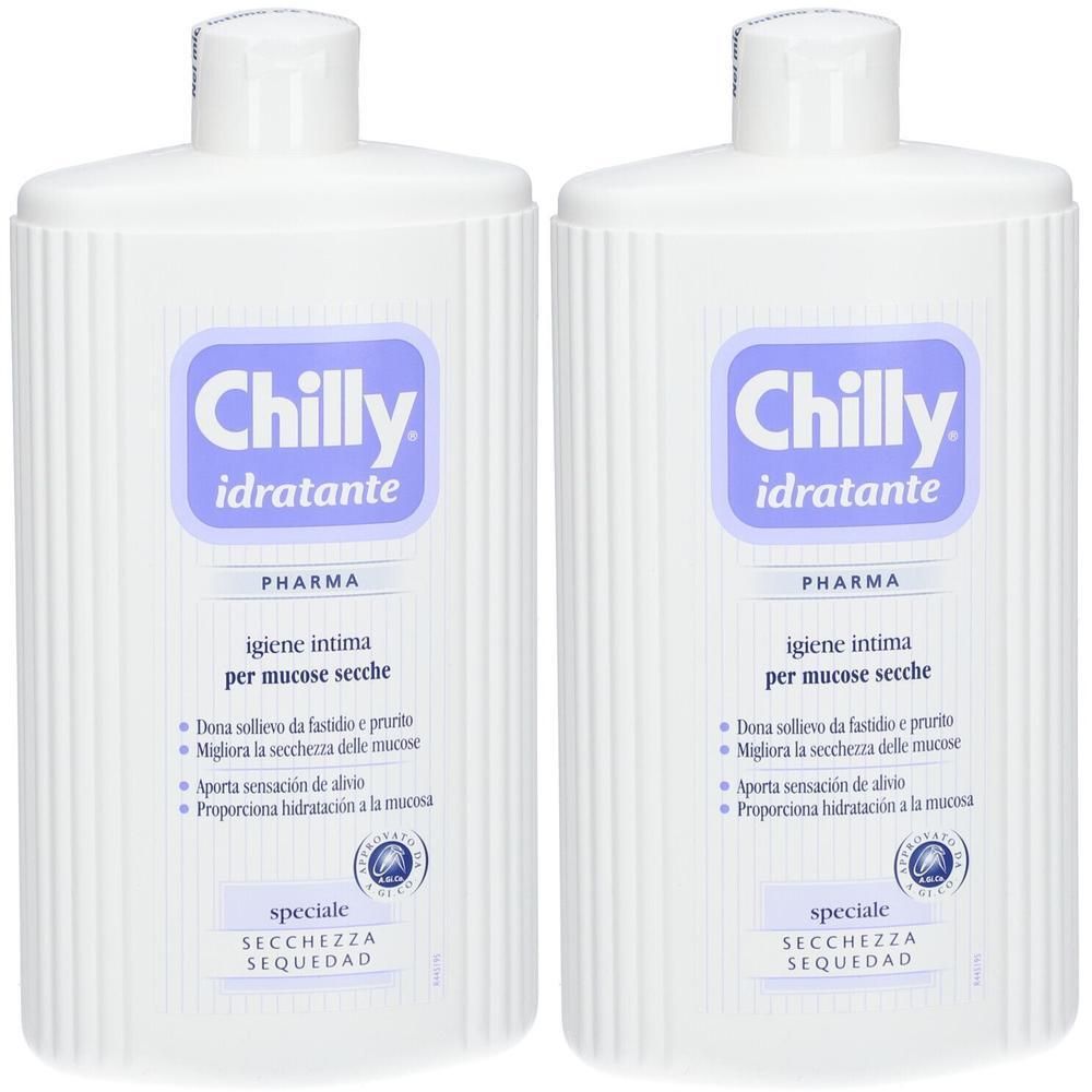 Due flaconi bianchi Chilly Pharma Idratante per mucose secche.