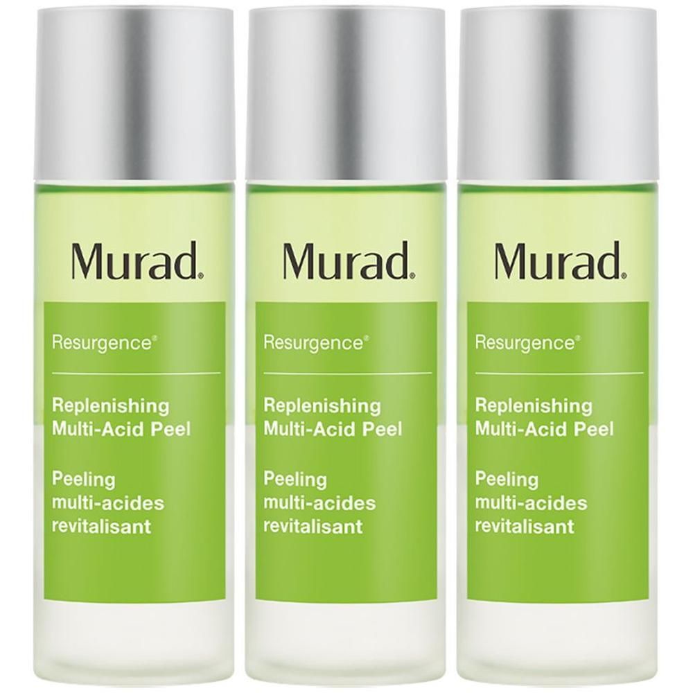 Tre flaconi Murad Resurgence Peeling Multi-Acid Peel con tappi argentati ed etichette verdi.