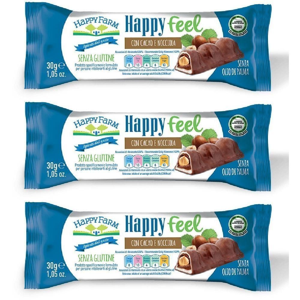 Tre barrette Happy Farm Happy Feel Cacao e Nocciola, 30g.