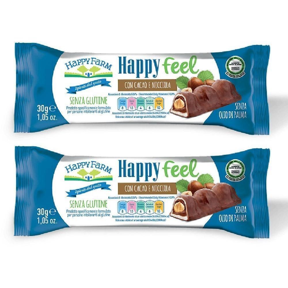 Due barrette Happy Farm Happy Feel Cacao e Nocciola, senza glutine.