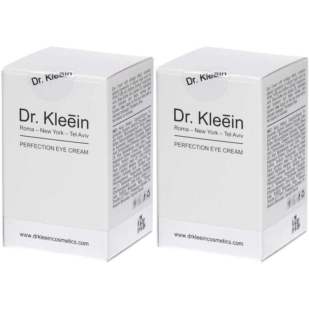 Due scatole di Dr. Kleein PERFECTION EYE CREAM, confezione bianca con scritte nere.