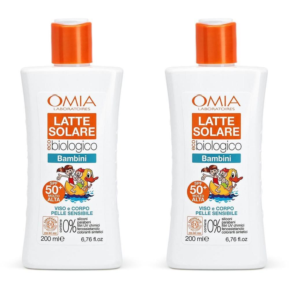 Due flaconi di Omia Solari ECOBIO Bimbi Crema SPF 50+ per bambini.