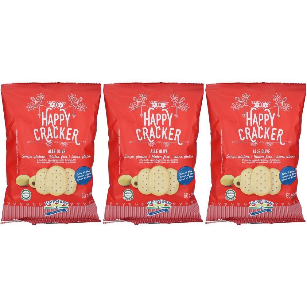 Tre confezioni rosse di Happy Farm Cracker Olive, senza glutine. Biscotti e olive visibili.