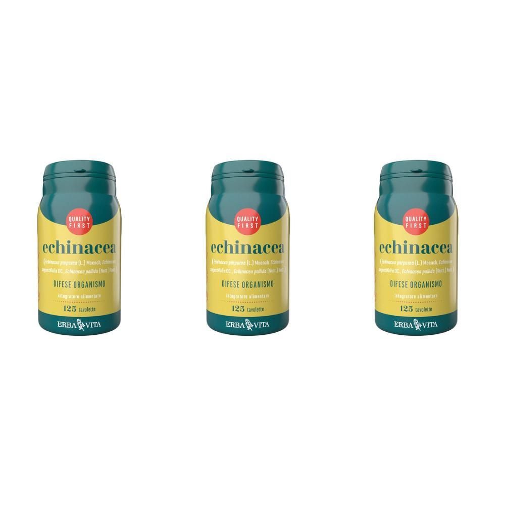 Tre flaconi di compresse di echinacea con etichetta gialla e tappo turchese. Logo "Quality First" in alto.
