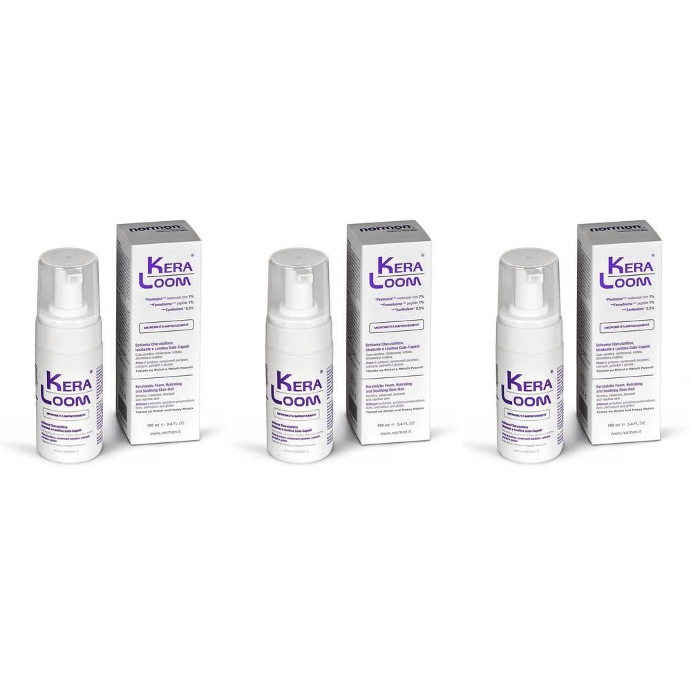 Tre dispenser in schiuma bianchi con scritta viola "KERA LOOM" e relative scatole.