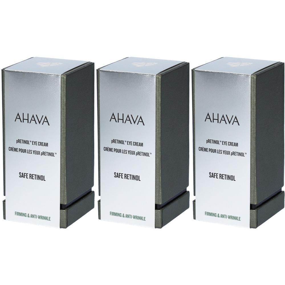Tre scatole di crema contorno occhi AHAVA pRetinol™ con scritta 'Safe Retinol'.