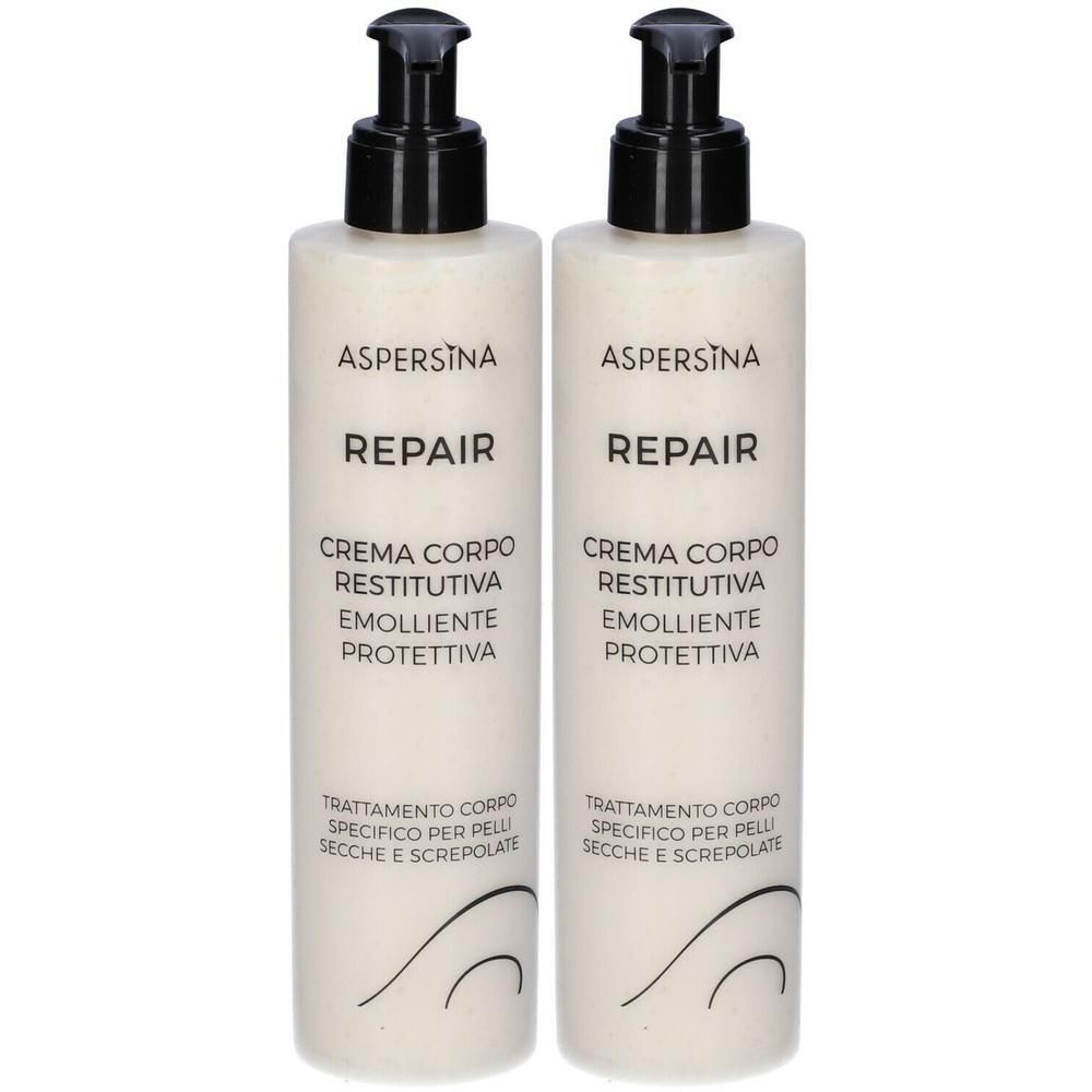 Due flaconi di crema corpo Aspersina Repair con dispenser a pompa.