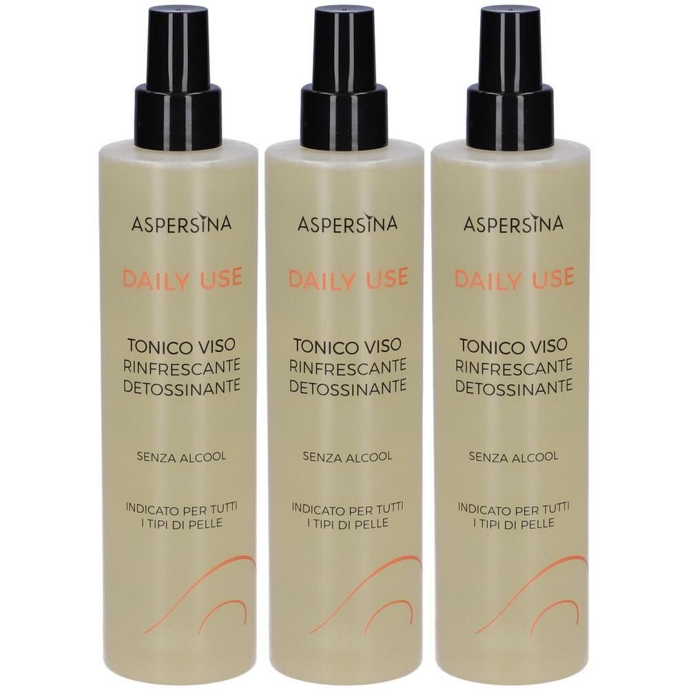 Tre flaconi di tonico viso Aspersina, uso quotidiano, rinfrescante, detossinante, senza alcool.