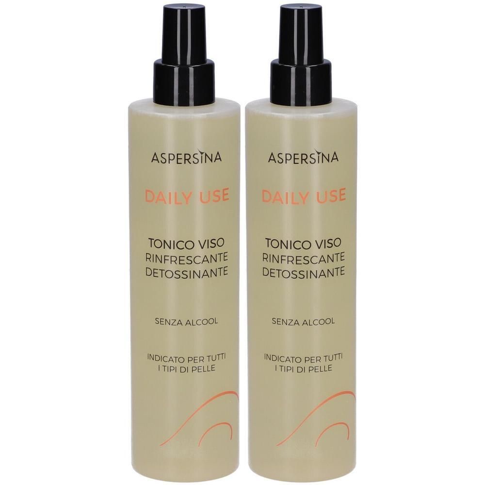 Due flaconi di tonico viso Aspersina Daily Use, rinfrescante e detossinante, senza alcool.