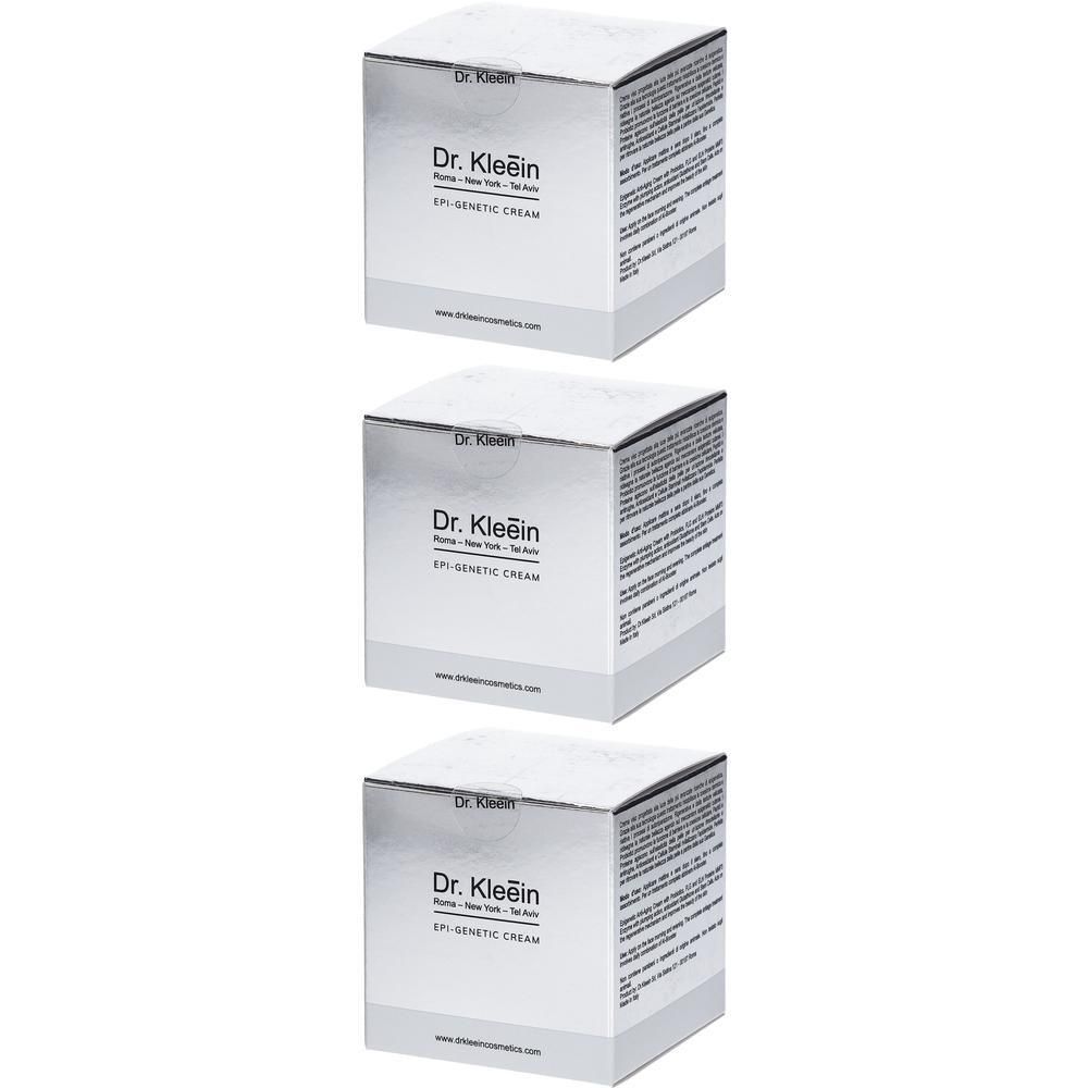 Tre scatole Dr. Kleein EPI-GENETIC CREAM una accanto all'altra.