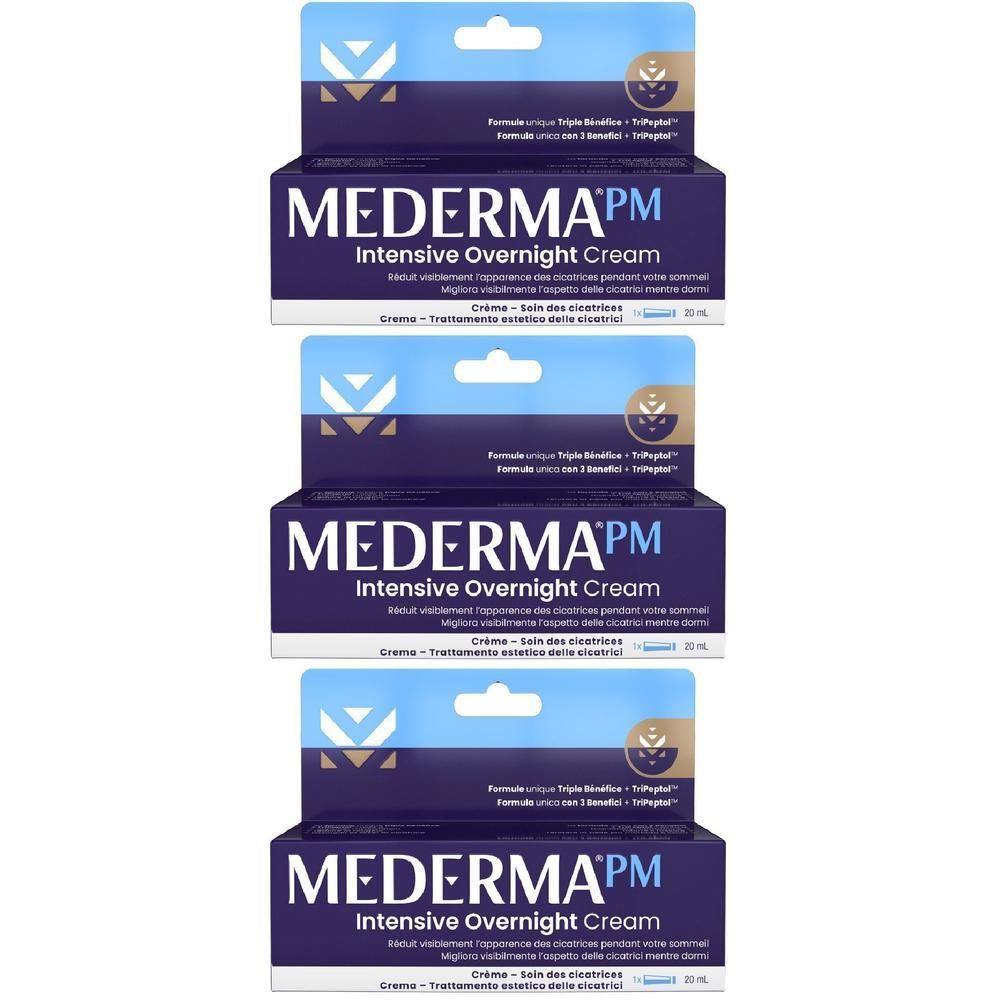 Tre confezioni di MEDERMA PM Intensive Overnight Cream, scatole blu scuro con scritte bianche e dorate.