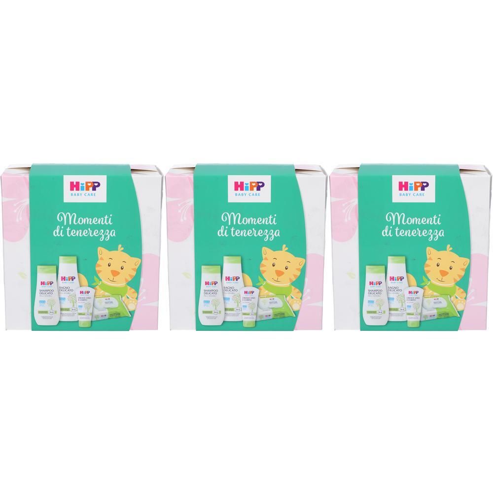Confezione regalo Hipp Baby Care con quattro prodotti per la cura e un simpatico motivo a tigre.