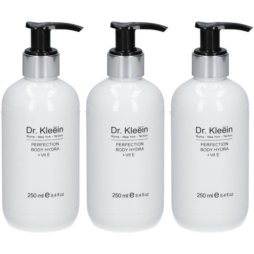 Tre flaconi pompa bianchi con etichetta Dr. Kleiin PERFECTION BODY HYDRA + VIT E, 250 ml.